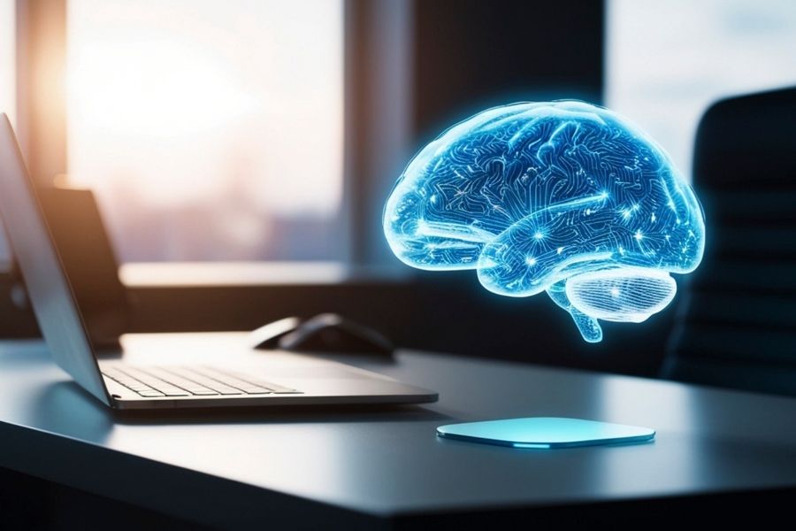 A glowing blue holographic human brain floating above an office desk next to an open laptop.