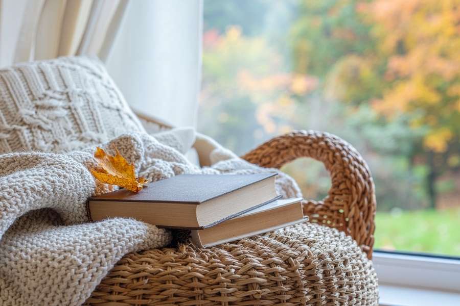 A cozy reading nook featuring two books and a warm knit blanket resting on a wicker chair near a sunny window.